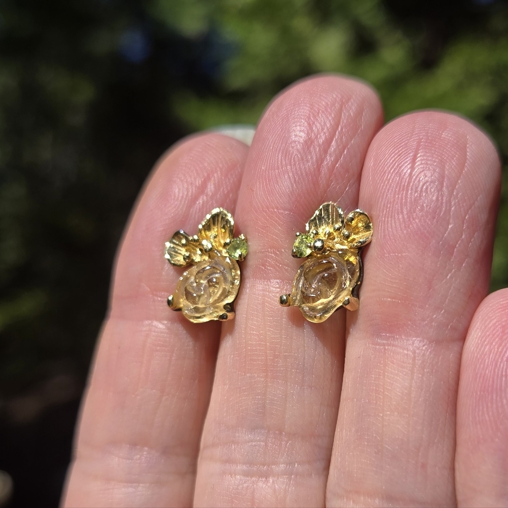 Tourmaline & Peridot Natural Gemstone Sterling Rhodium & Gold Earrings - Picture 5 of 8